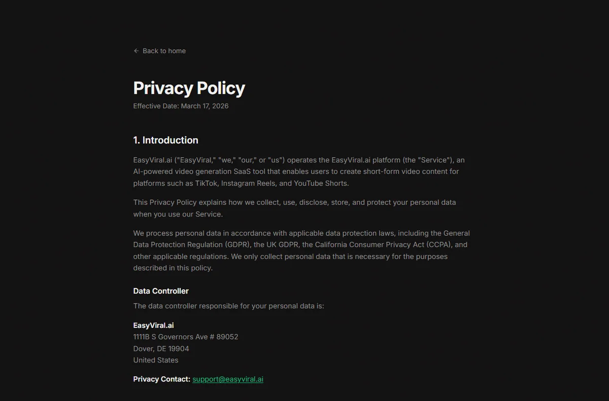 EasyViral.ai privacy policy page
