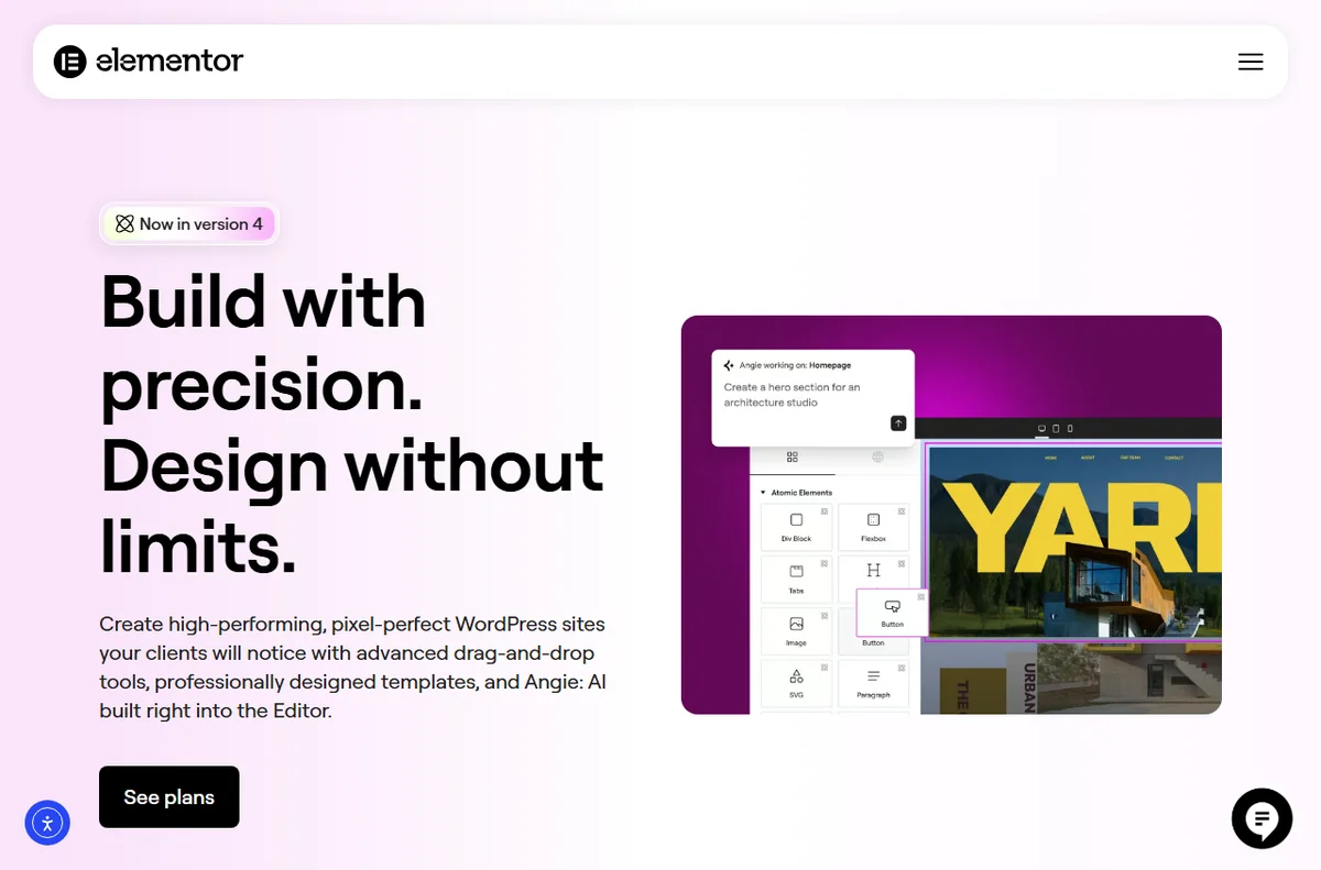 Elementor website builder interface