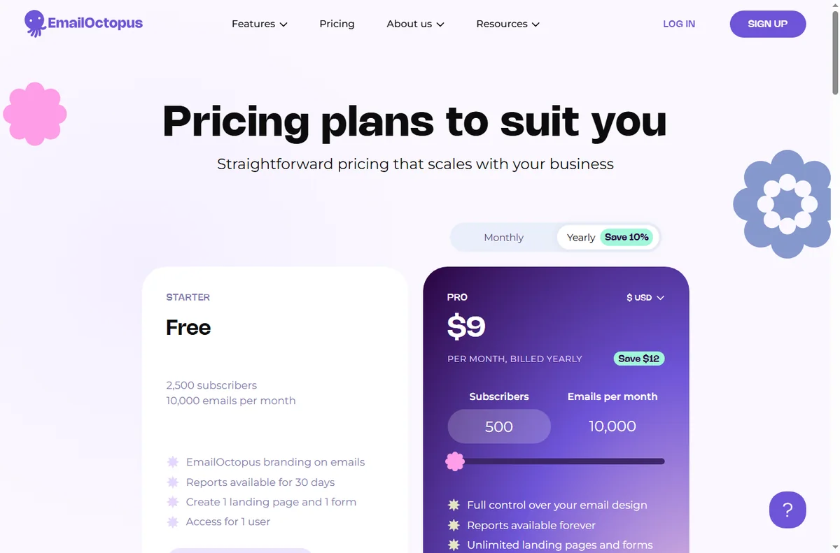 Emailoctopus pricing page