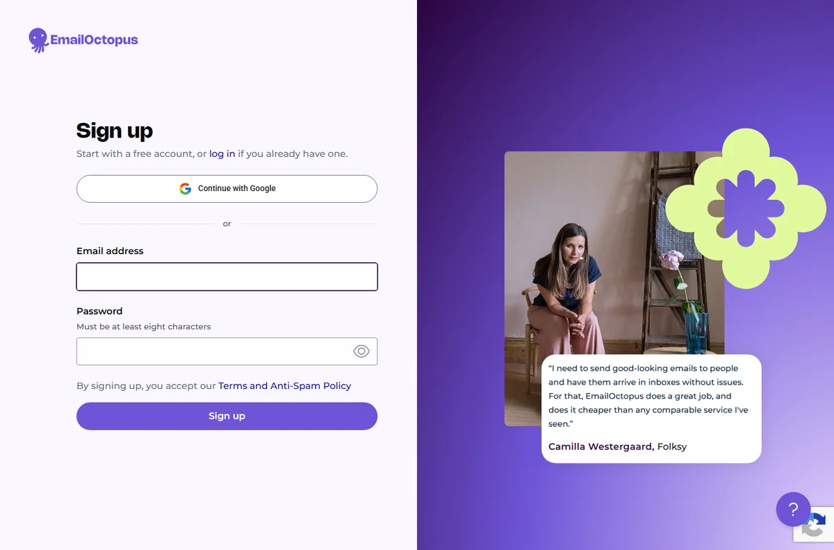 EmailOctopus free account signup screen