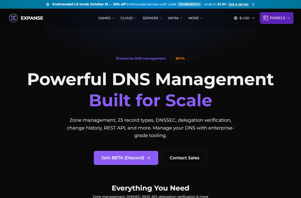 Expanse Host DNS management page with zones and DNSSEC