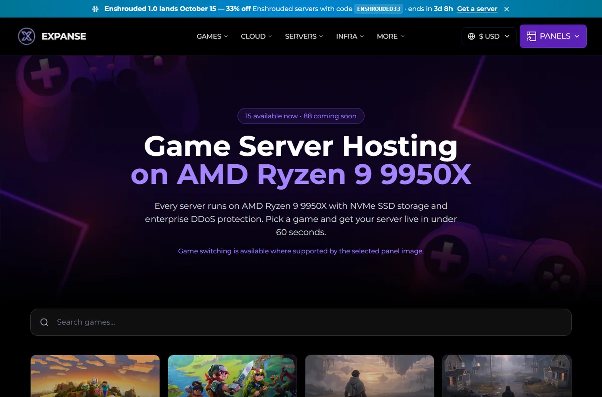 Expanse Host game server hosting page listing available games