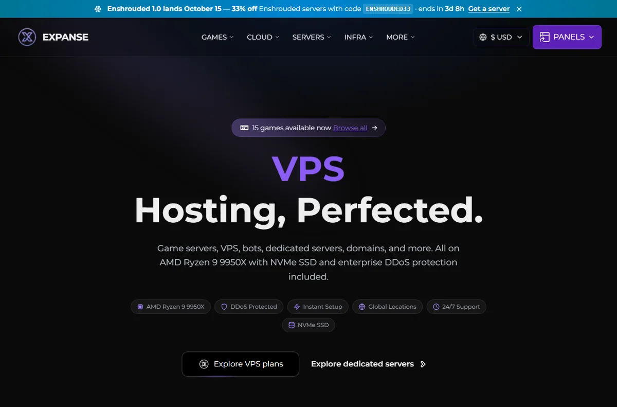 Expanse Host homepage for game server and VPS hosting