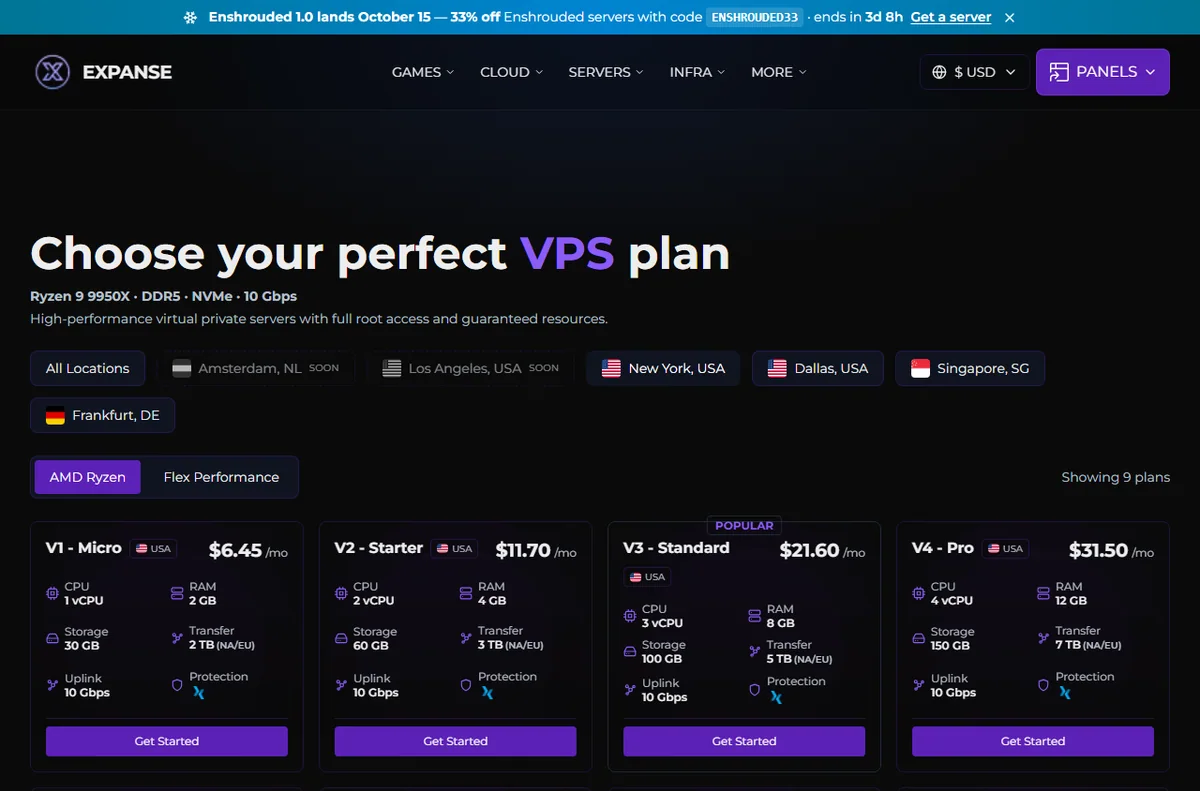 Expanse Host NVMe VPS hosting page with plan options