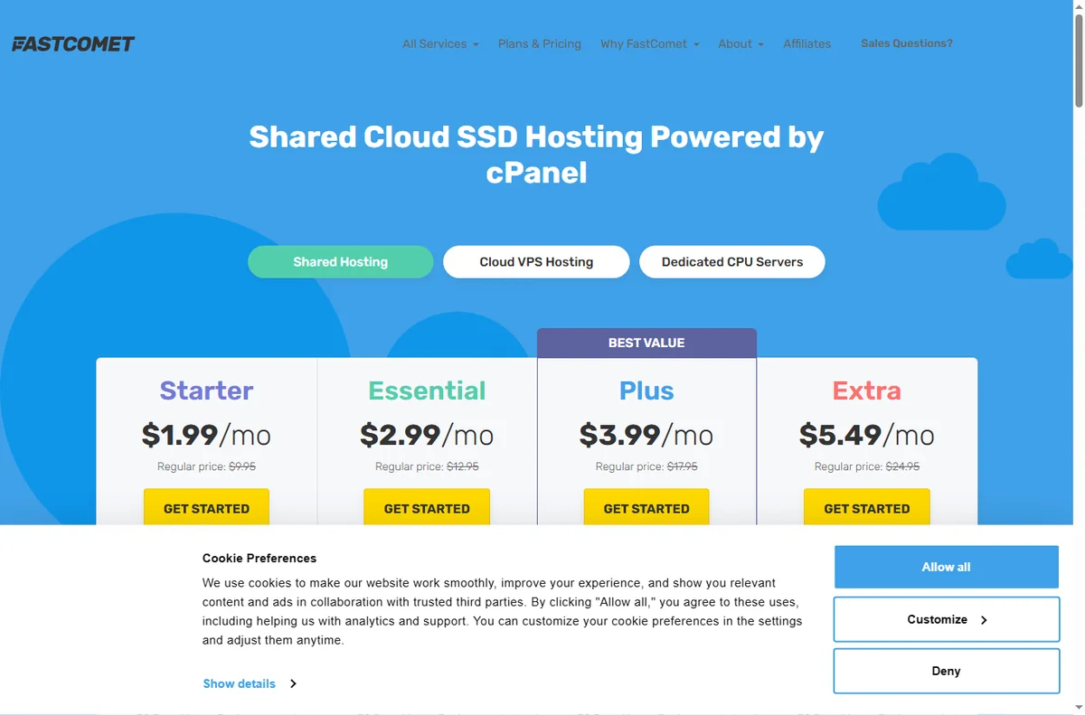 Fastcomet pricing page