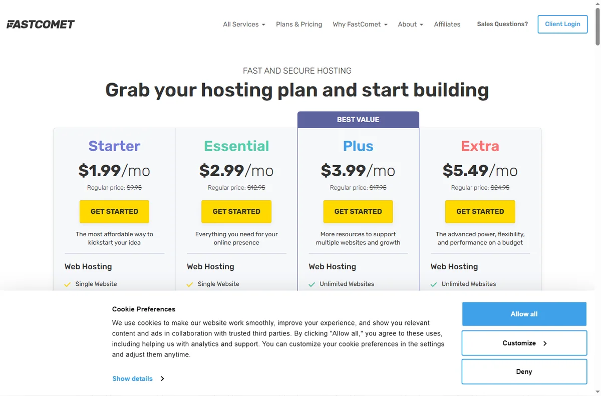 FastComet WordPress hosting page