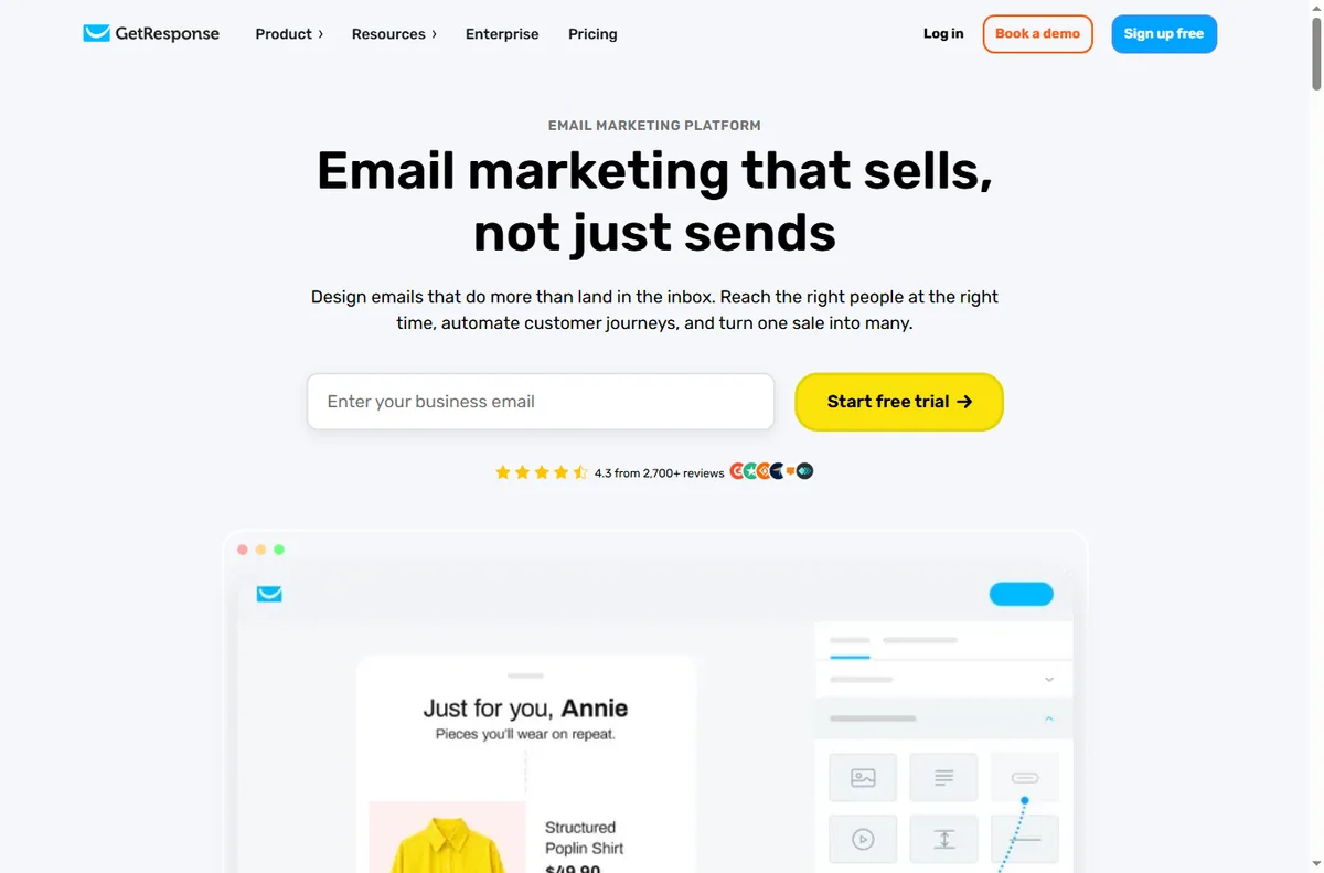 Getresponse email marketing page
