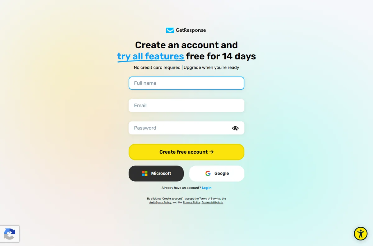 GetResponse sign-up screen for a new account