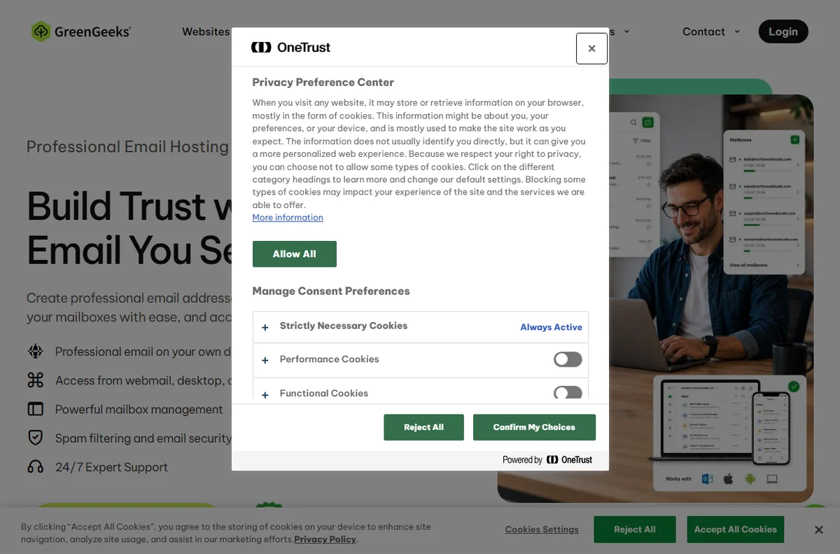 GreenGeeks business email hosting page