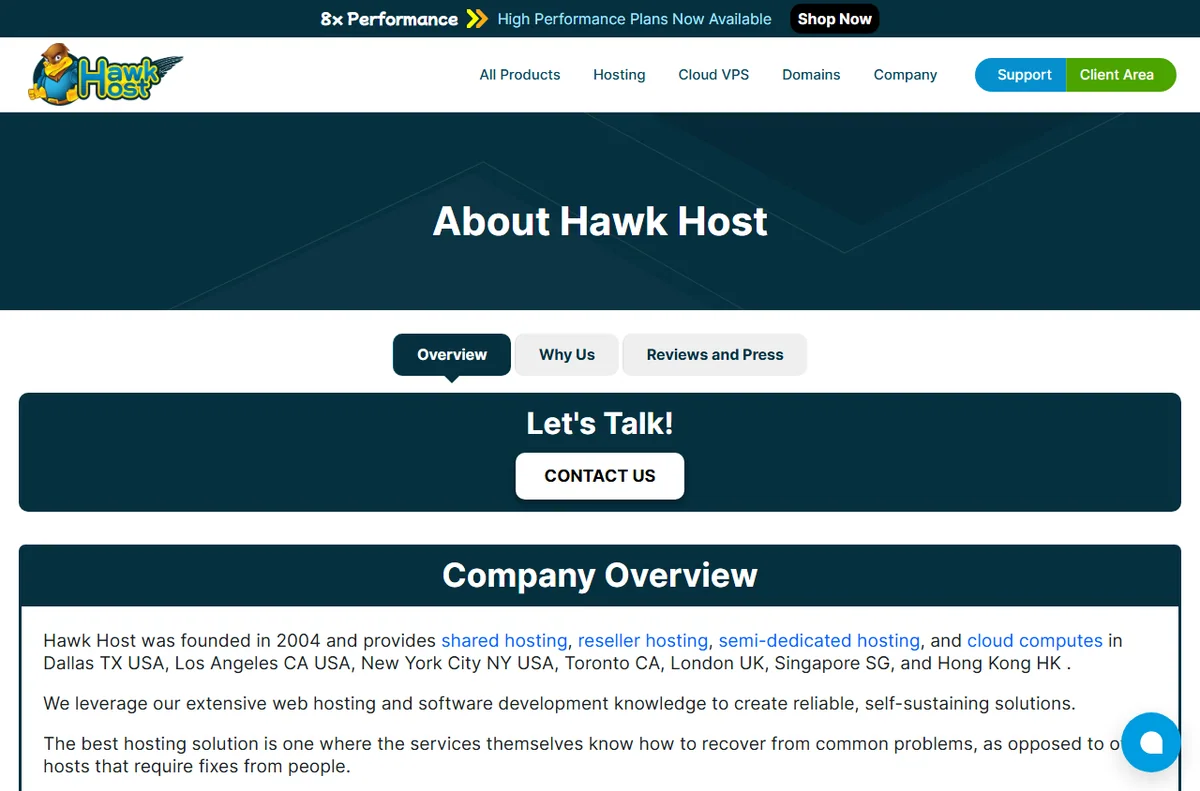Hawk Host about page describing the hosting company