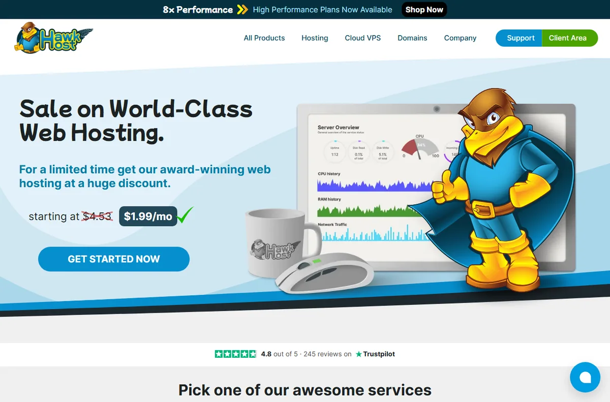 Hawk Host homepage for cloud, reseller and VPS hosting