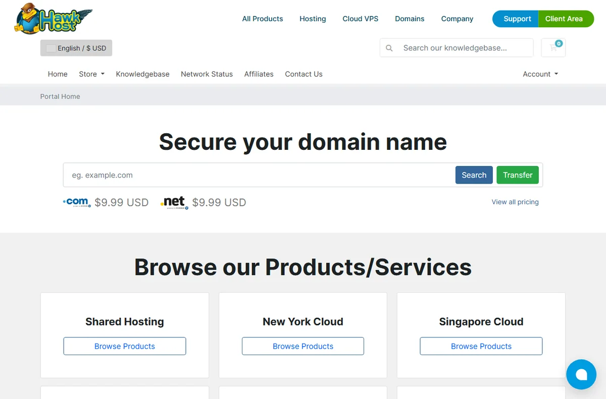 Hawk Host client portal login screen