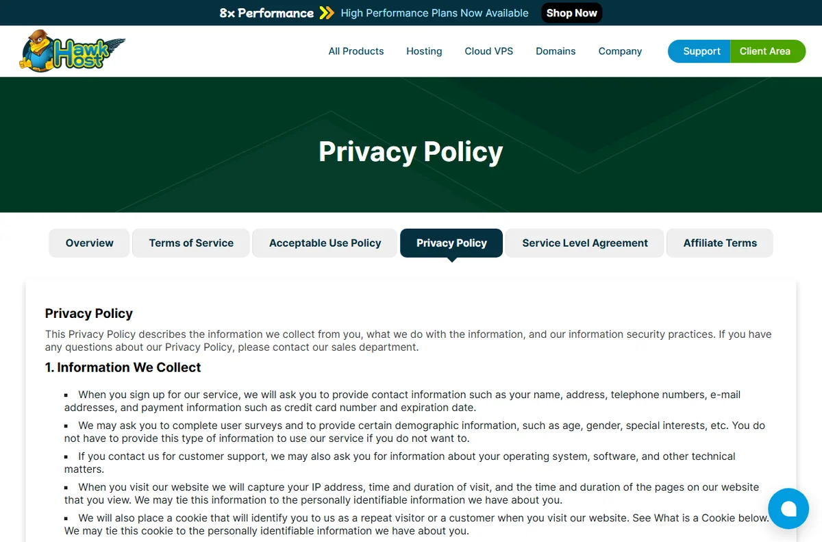 Hawk Host privacy policy page