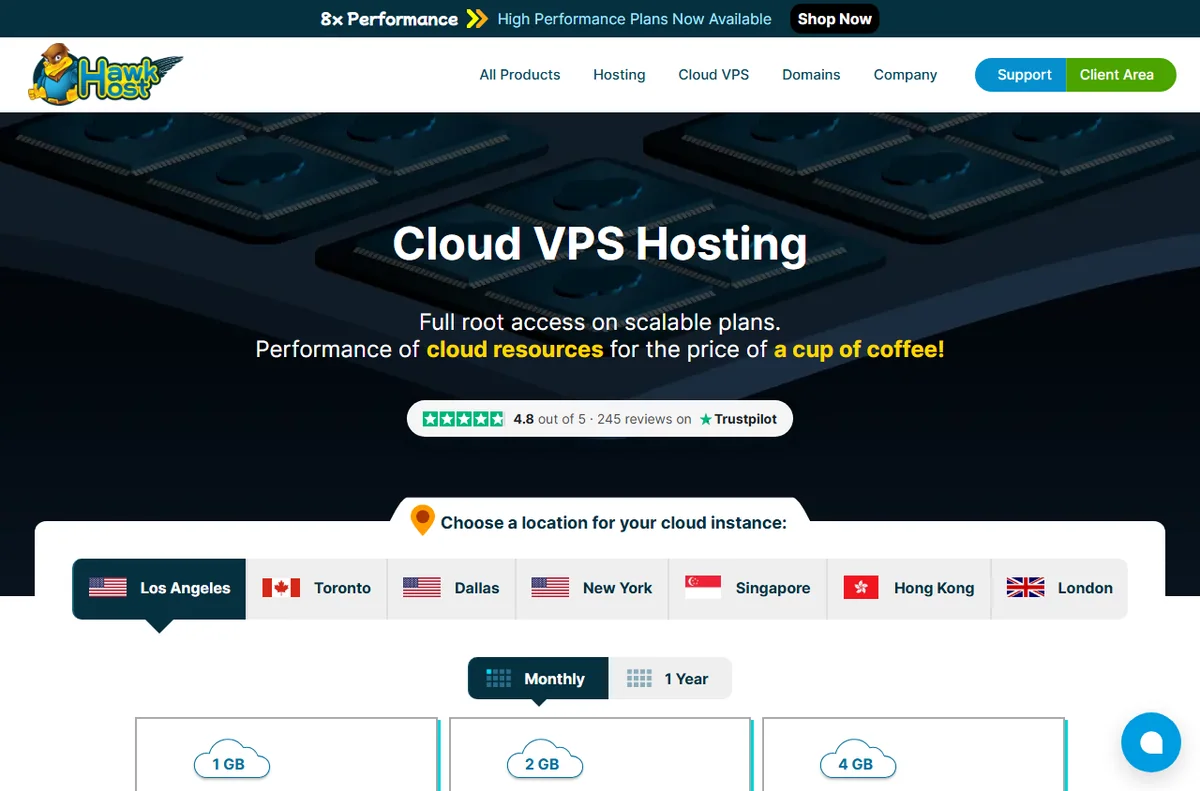 Hawk Host cloud VPS hosting page with prices from $5 per month