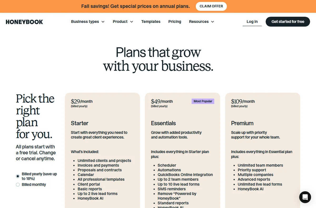 HoneyBook pricing plans for small businesses