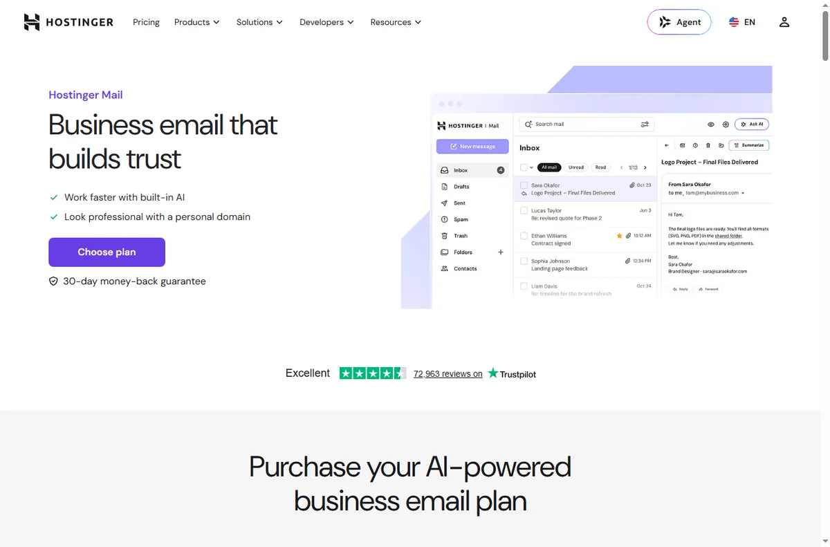 Hostinger business email page