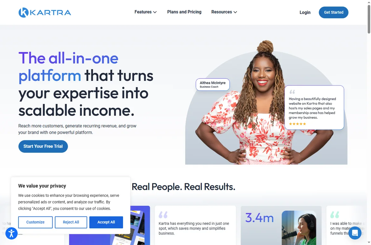 Kartra all-in-one marketing platform homepage