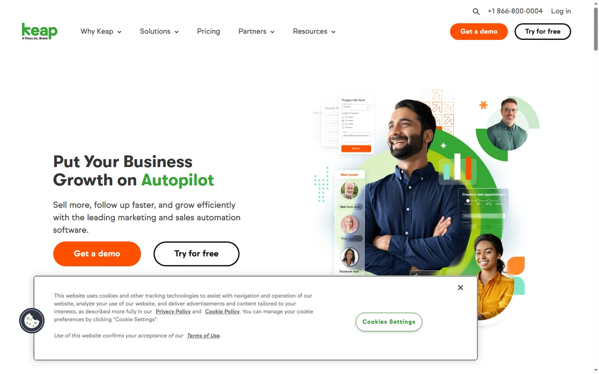 Keap homepage with small-business CRM messaging