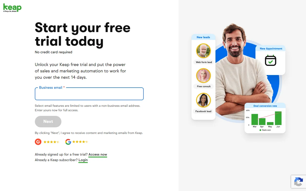Keap free trial signup page