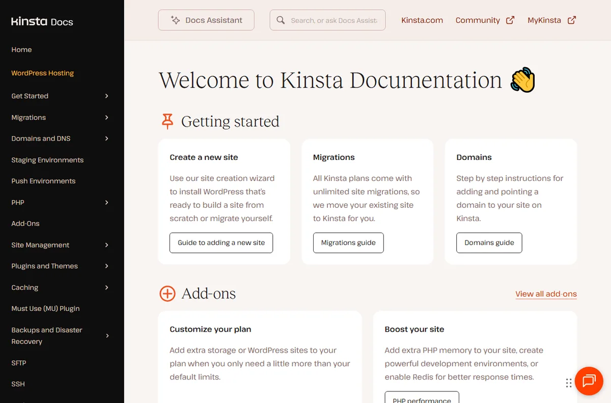 Kinsta documentation site covering domains and setup