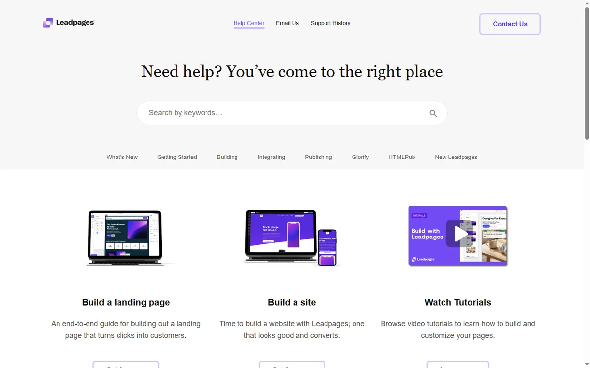 Leadpages help centre with support articles