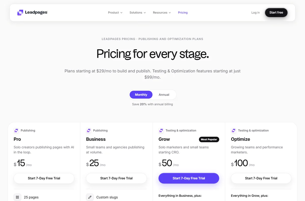 Leadpages pricing page with Pro, Business and Grow plans