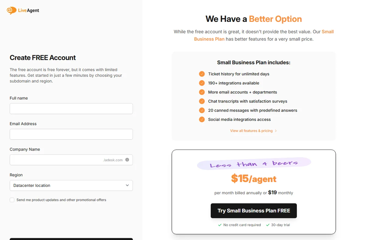 LiveAgent free account sign-up page