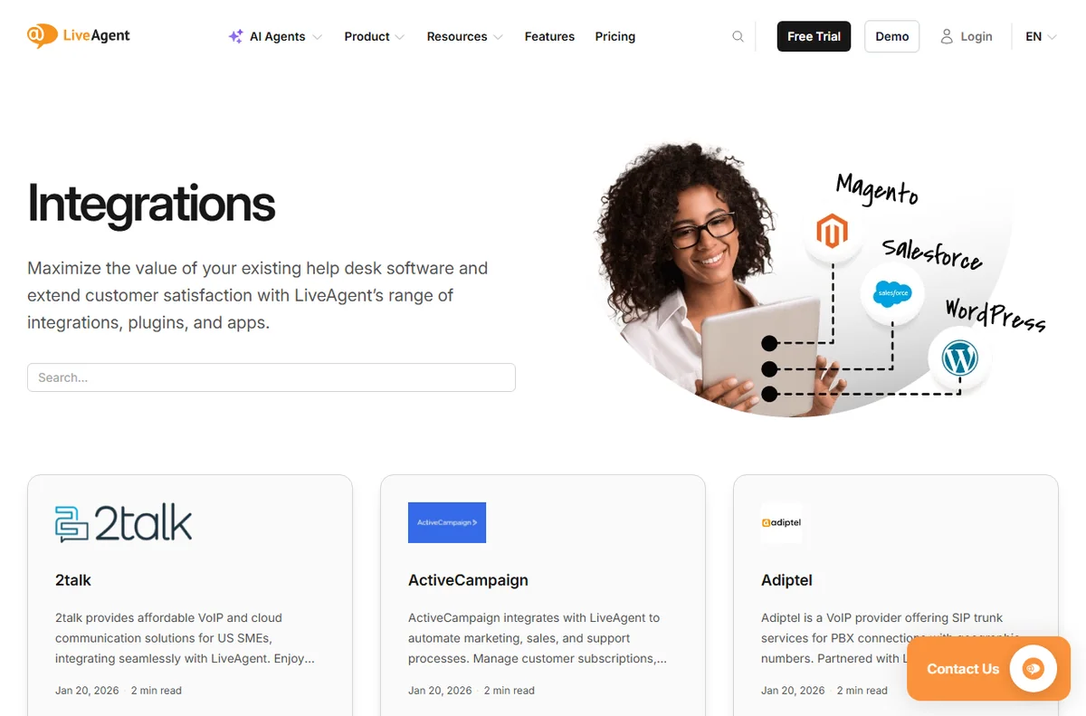 LiveAgent integrations to connect a support channel