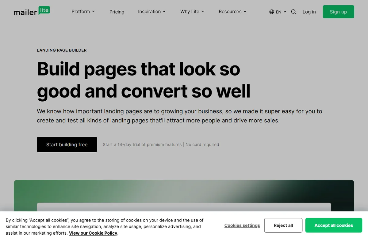 MailerLite landing page builder for opt-in pages