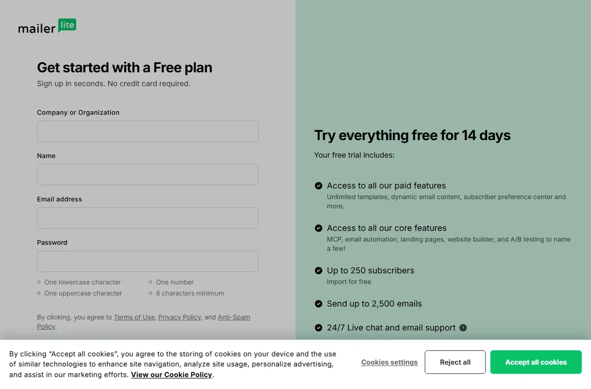 MailerLite sign-up page for creating a free account