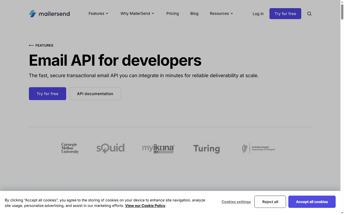 MailerSend email API page