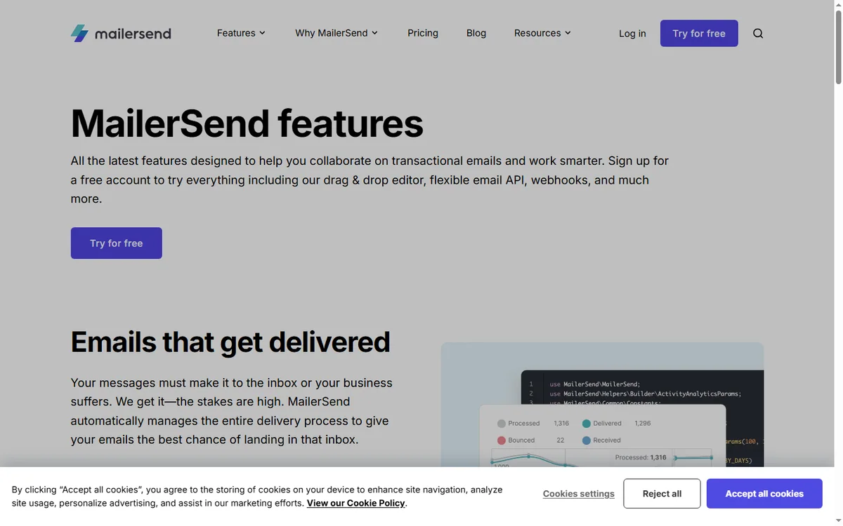 MailerSend features overview page