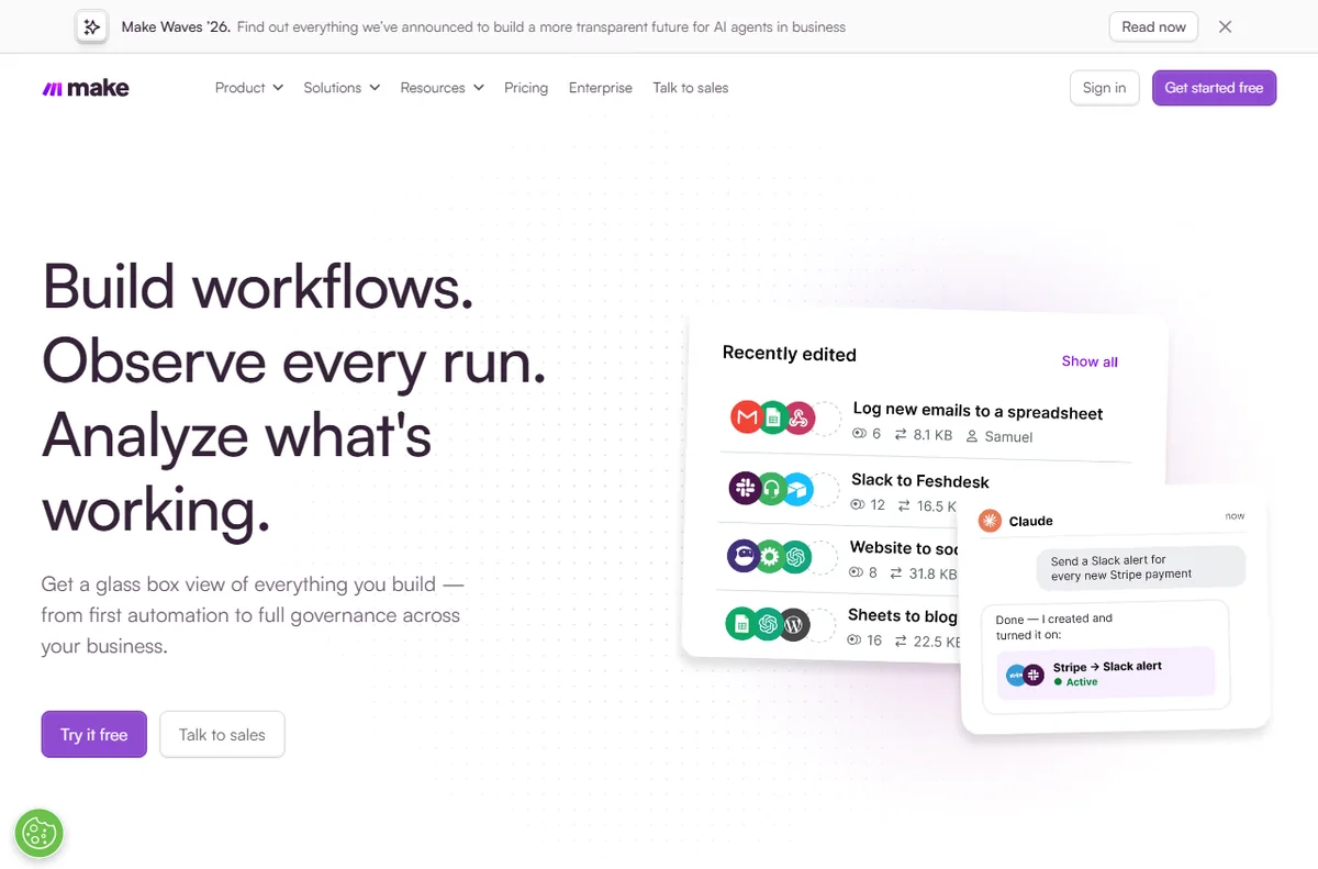 Make product page showing a visual automation workflow