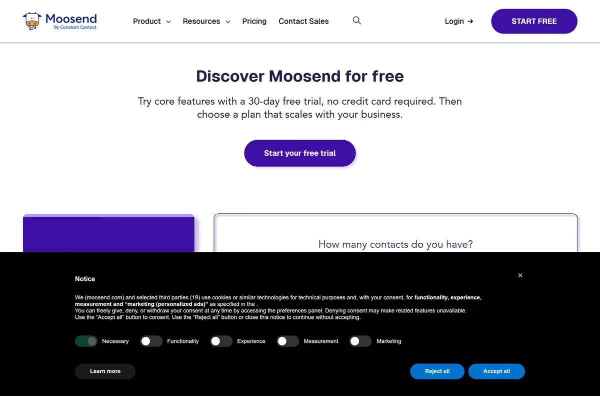 Moosend pricing page showing the contact-count selector and billing period options
