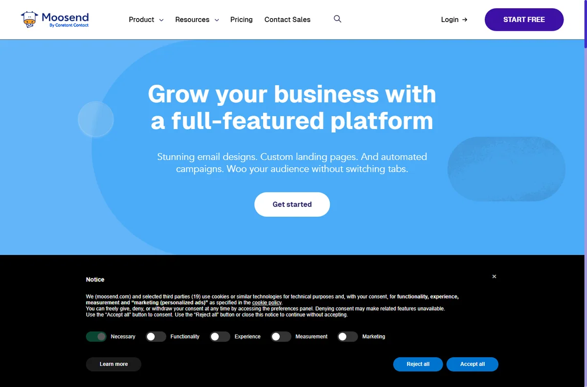 Moosend features page listing email marketing and automation tools