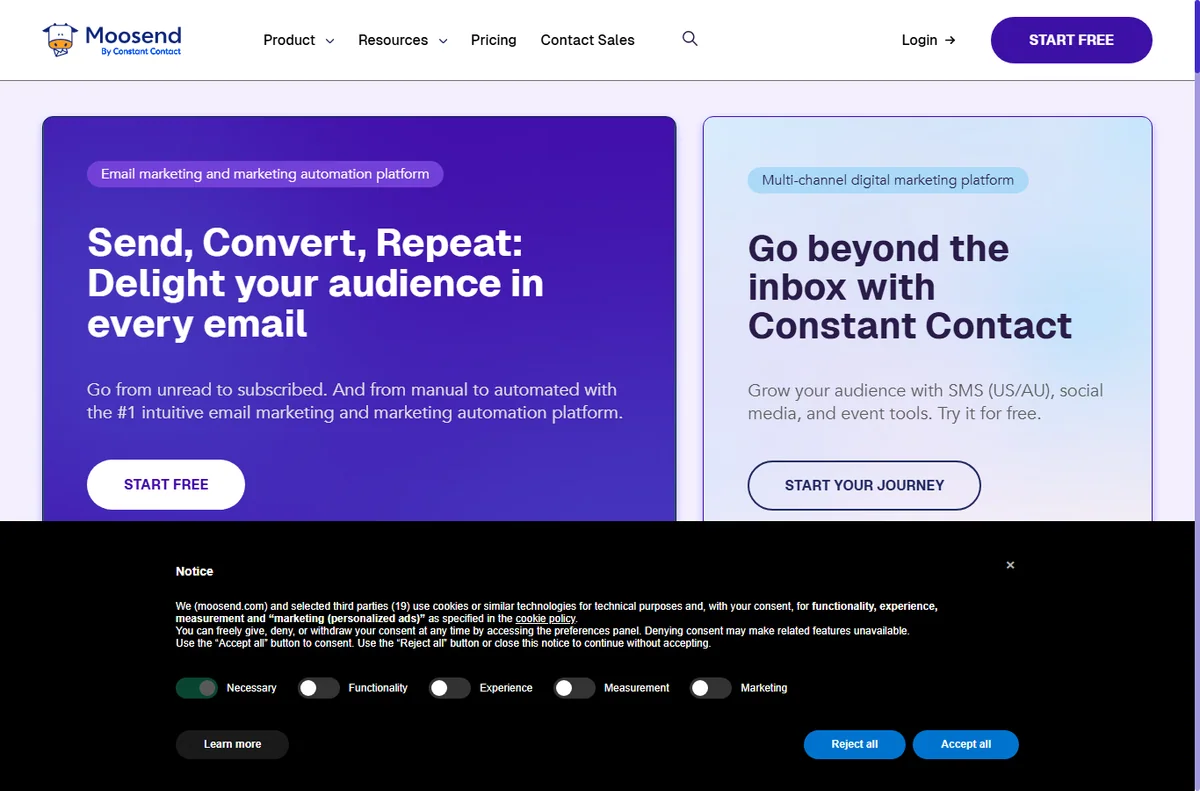 Moosend homepage for email marketing