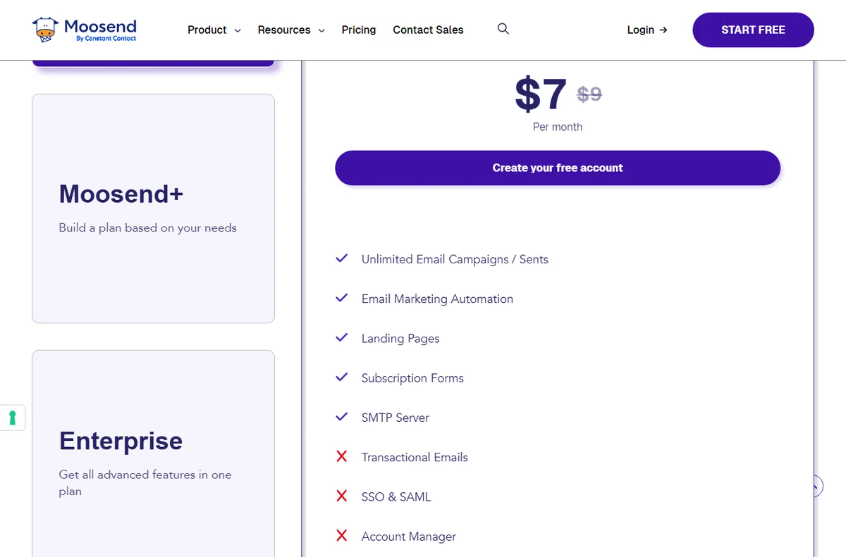 Moosend plan comparison cards with monthly and annual prices