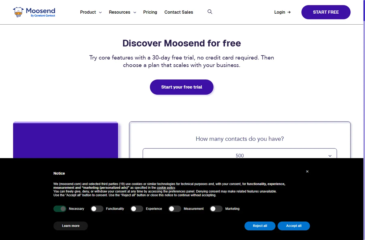 Moosend pricing page