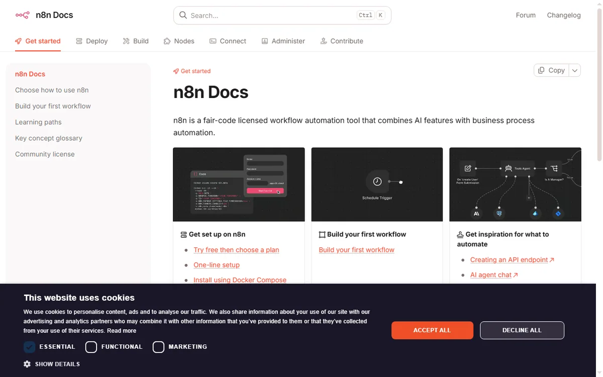 n8n documentation covering cloud and self-hosted hosting options