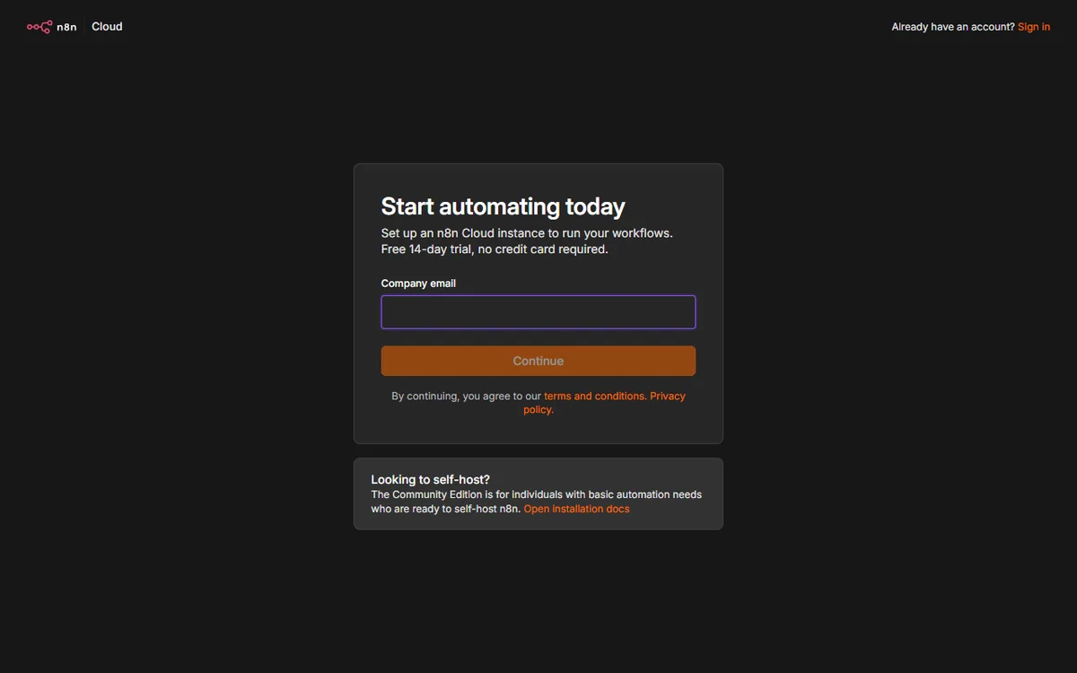 n8n cloud registration screen used to create an instance