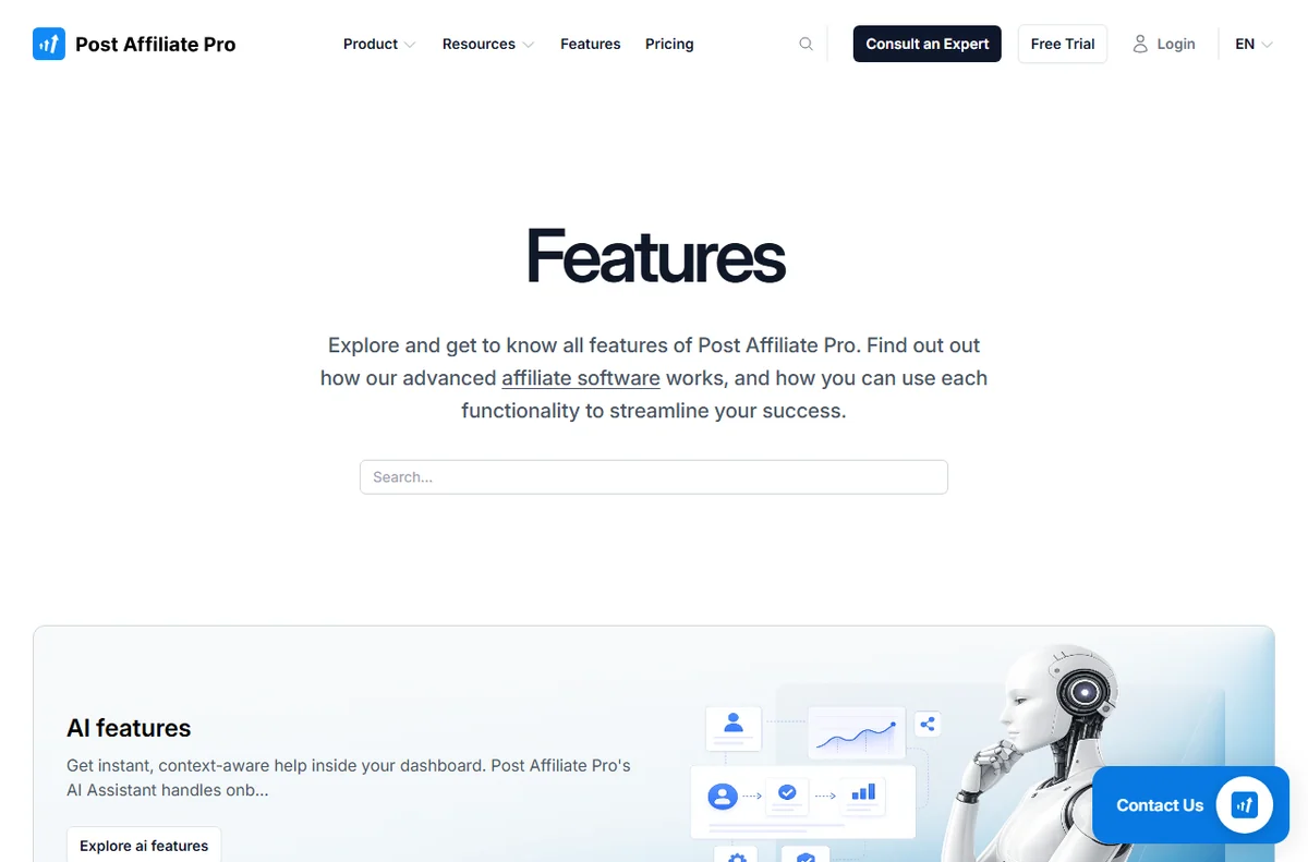 Post Affiliate Pro features overview for tracking, commissions and partner management