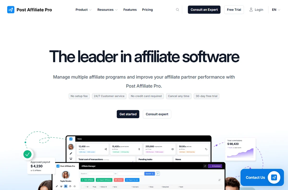 Post Affiliate Pro homepage - affiliate software for tracking partners and commissions