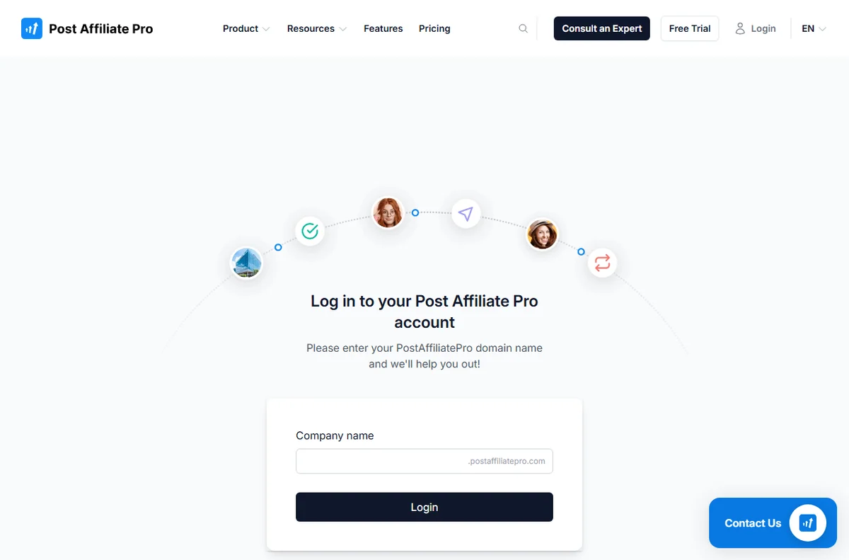 Post Affiliate Pro login screen for merchants and affiliates