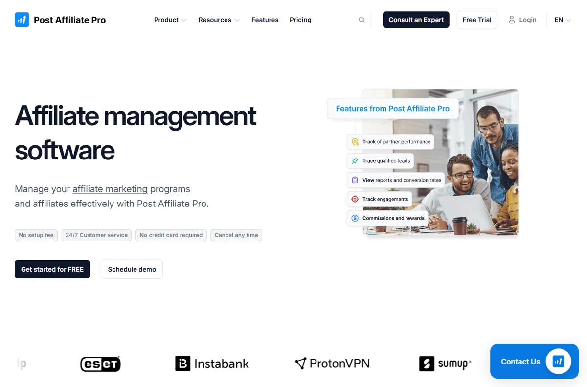 Post Affiliate Pro affiliate management screen with partner accounts