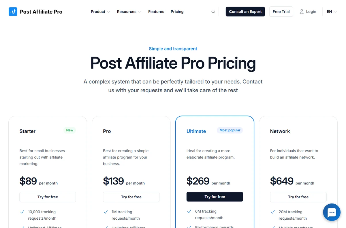 Post Affiliate Pro pricing page with plan tiers