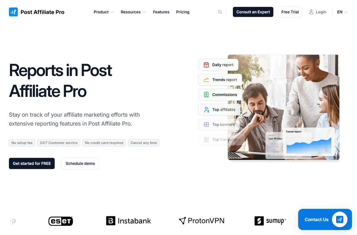 Post Affiliate Pro reports page for commission and partner reporting