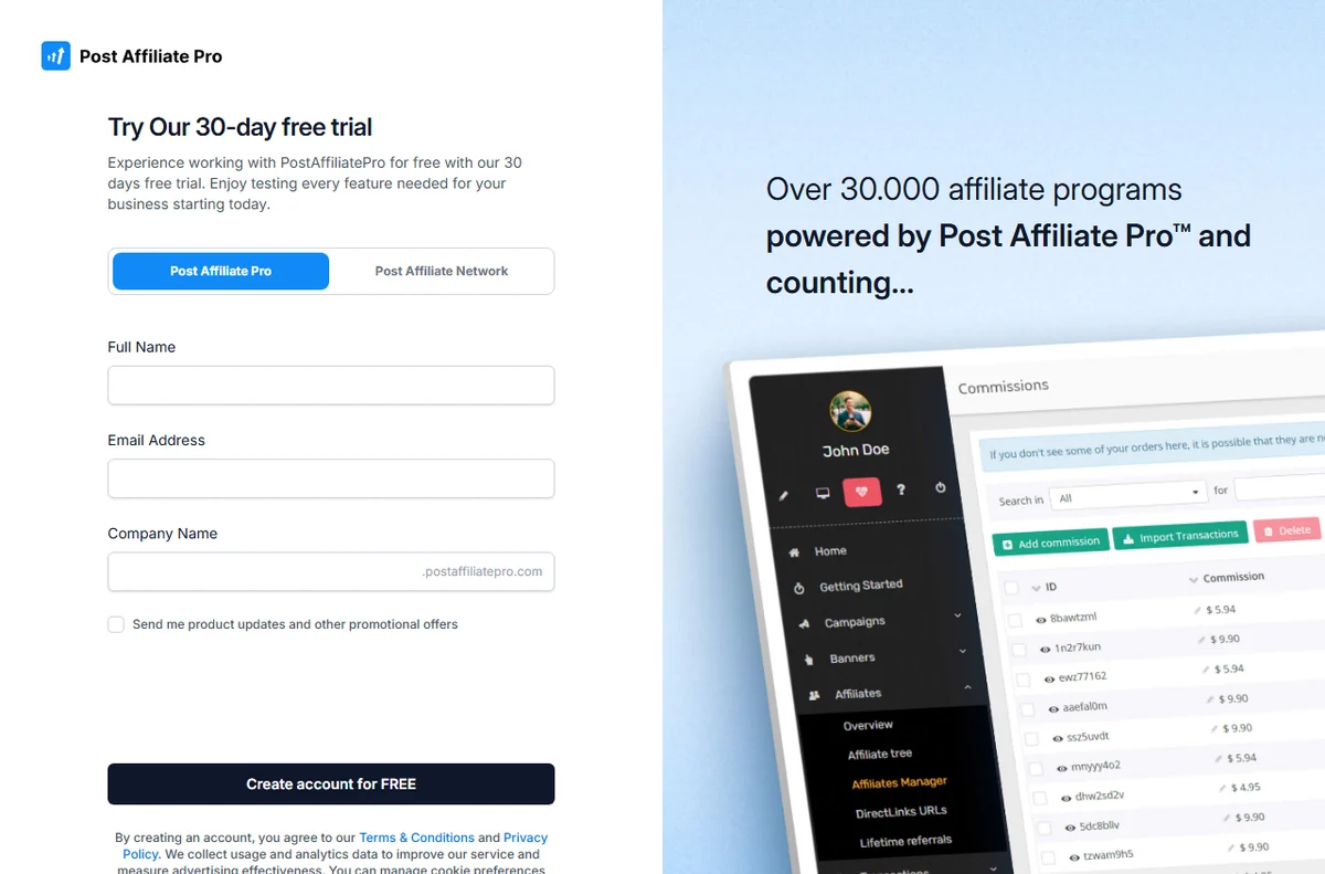 Post Affiliate Pro 30-day free trial signup form