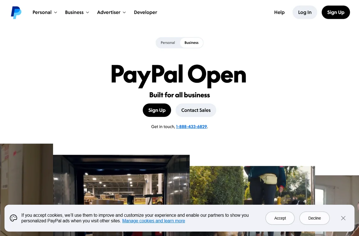 PayPal business solutions page for merchant accounts