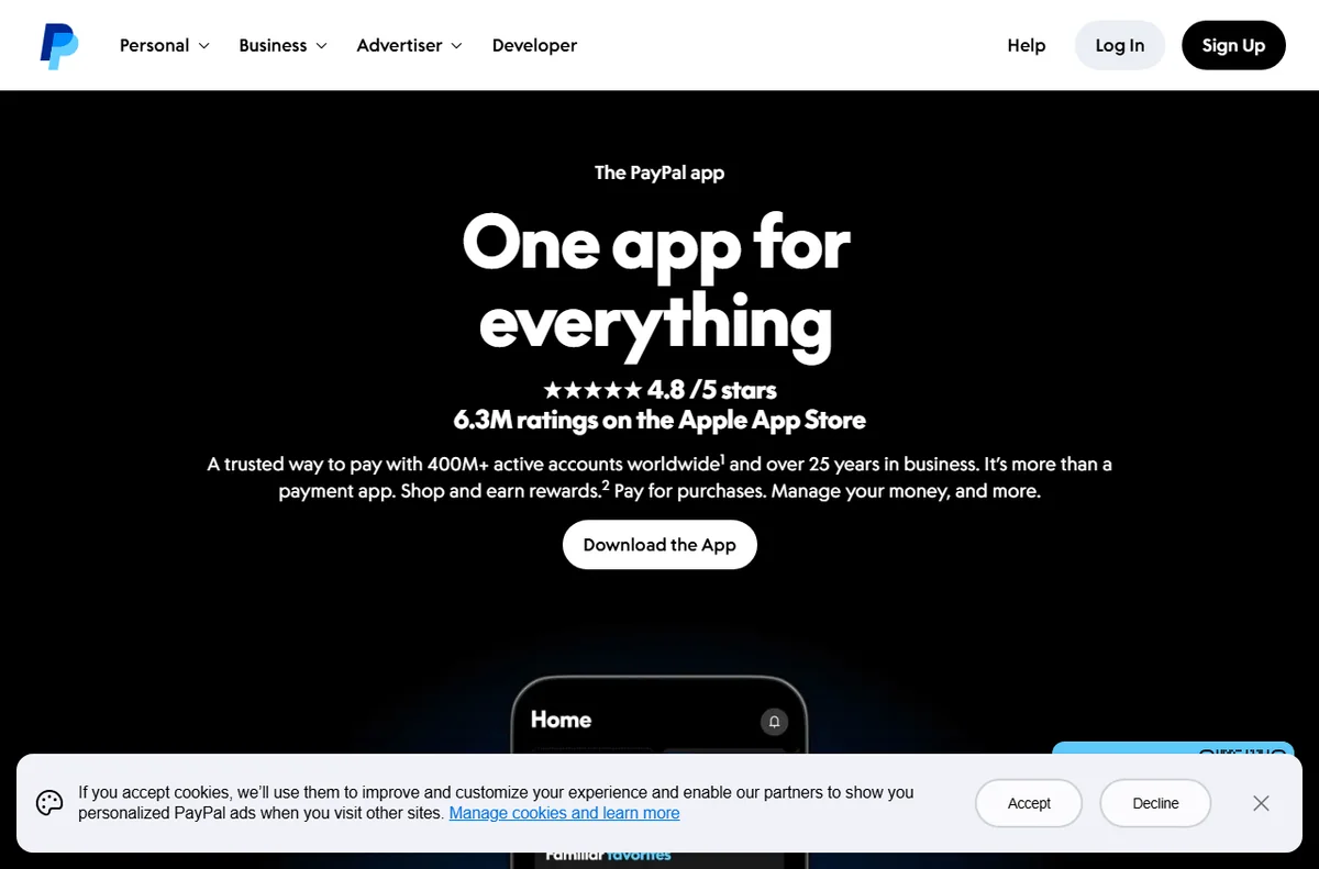 PayPal digital wallet app for managing money