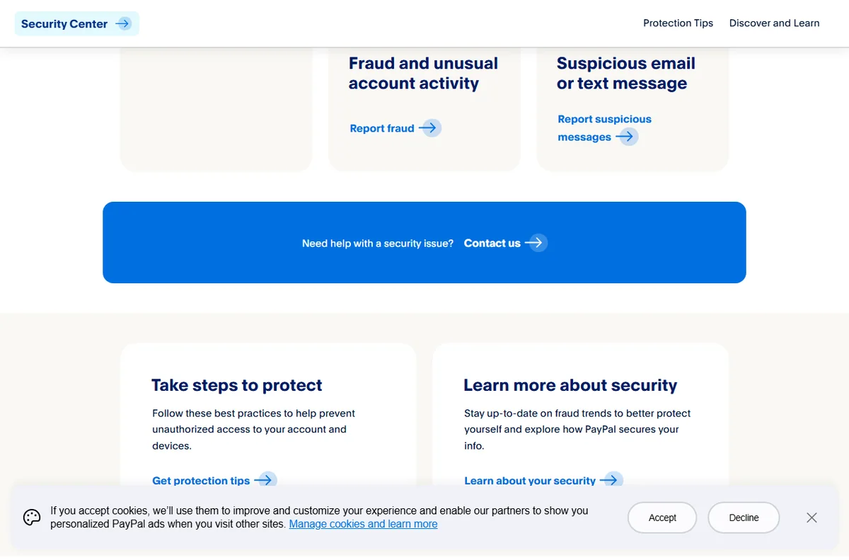 PayPal Security Center section on disputes, chargebacks and fraud